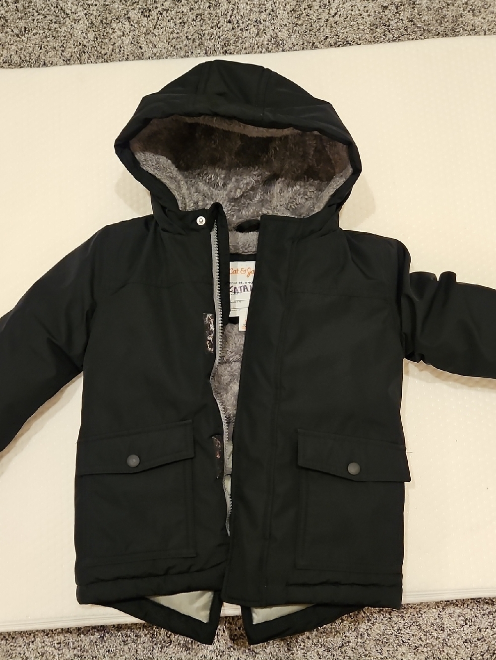 Cat & Jack Black Hooded Puffer Coat with Faux-Fur Lining